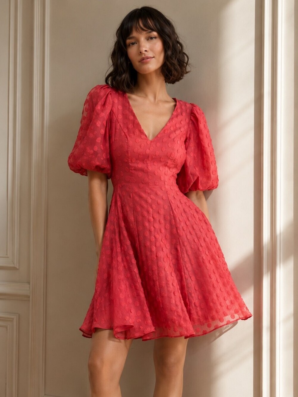 Rachel Parcell Organza Dot Dress | Size 6 | Coral Puff Sleeve Fit & Flare Mini